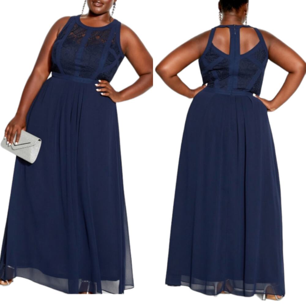 CITY CHIC Panelled Navy Lace Corset Bodice Maxi Dress 14 NEW Floral Formal